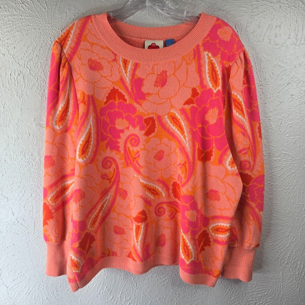 Farm Rio X Anthropologie Sweater Large Coral Paisley Floral Pullover Artsy Top - Picture 2 of 12